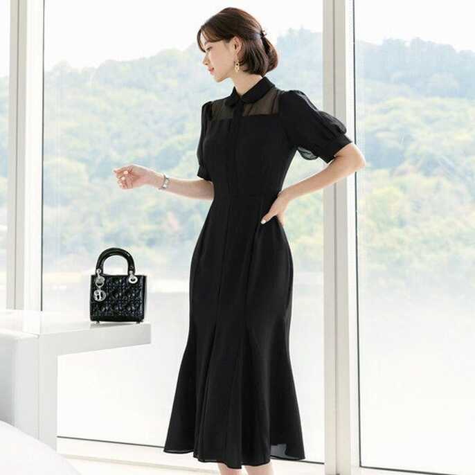 See-through Puff Sleeve Simple Black Dress / Korean Style Women ...