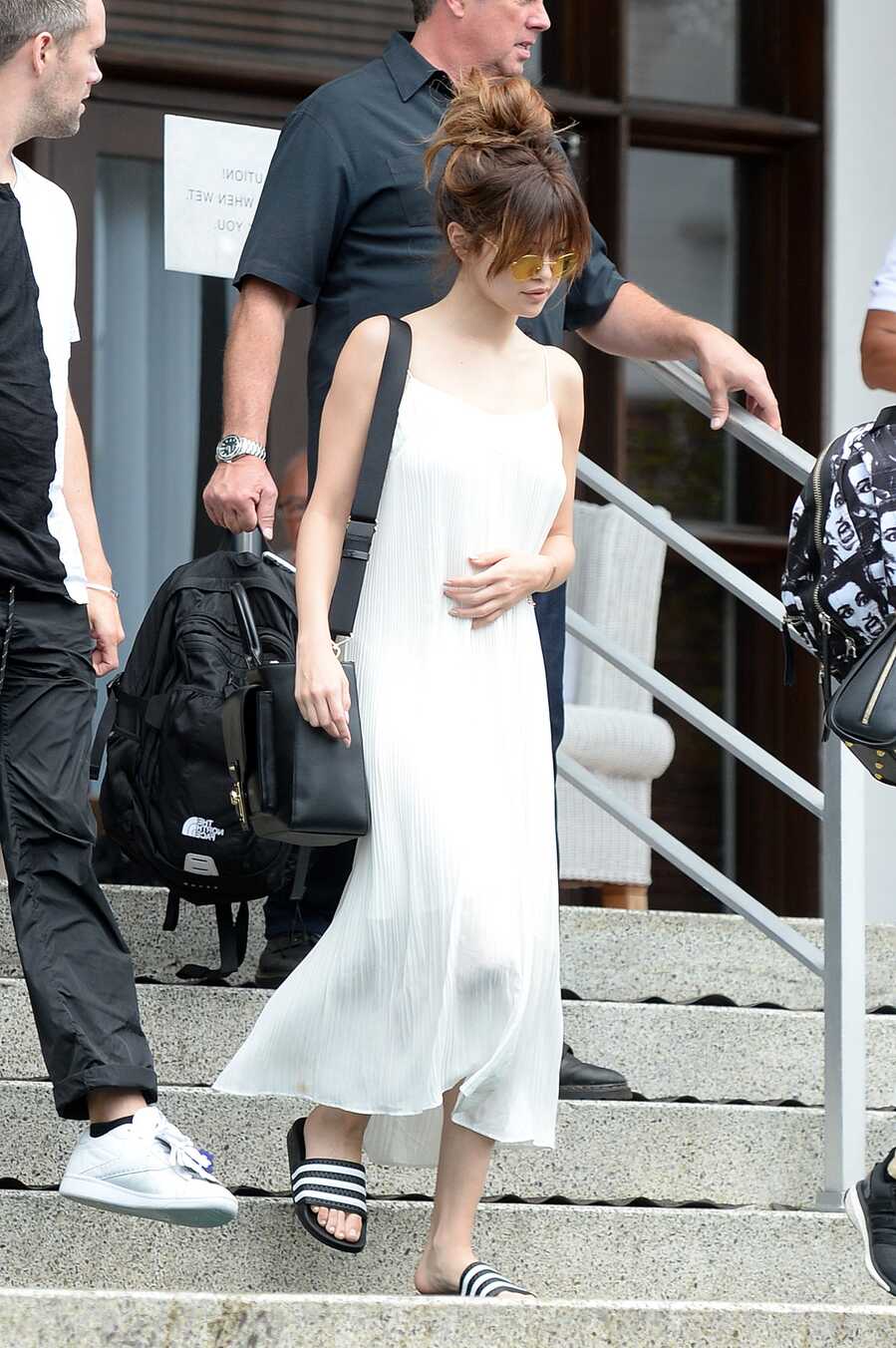 Selena Gomez Wears White Summer Dress with Adidas Shower Shoes out ...