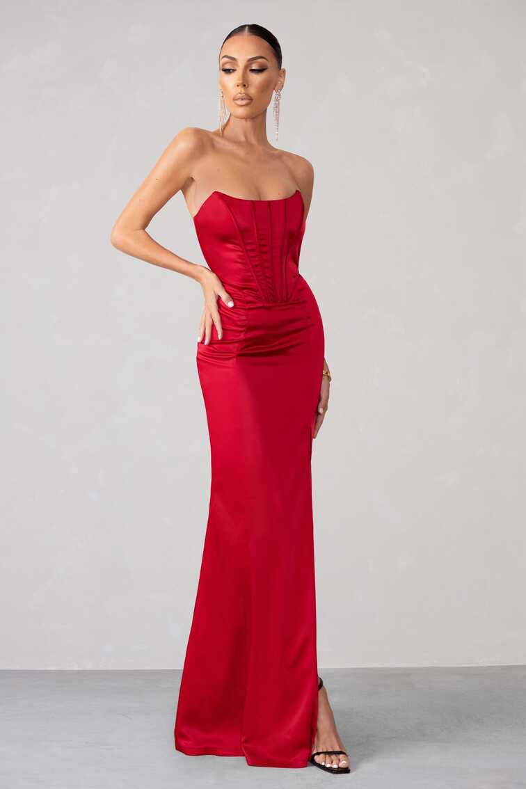 Sensual Notes Red Satin Strapless Corset Thigh Split Fishtail Maxi ...