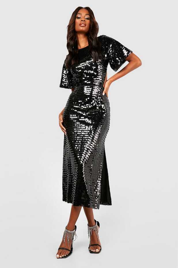 Sequin Angel Sleeve Cut Out Midi Party Dress