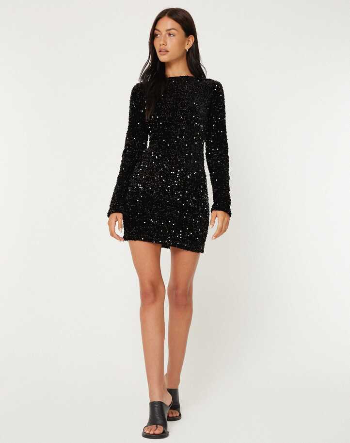 Sequin Black Long Sleeve Mini Dress | Onaki – motelrocks-com-aus