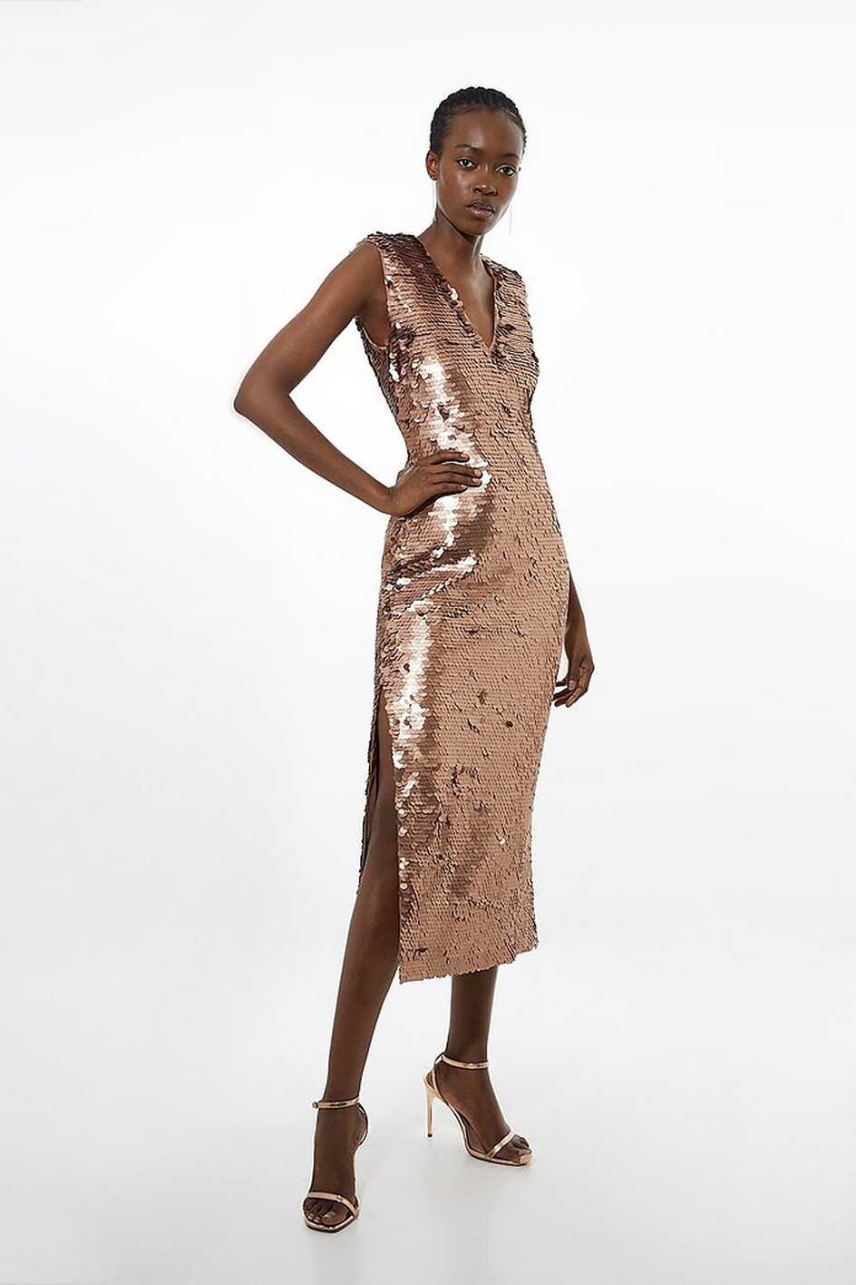 Sequin Deep Plunge Woven Midi Dress | Karen Millen