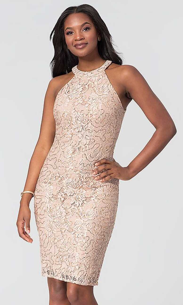 Sequin-Lace Short Wedding-Guest Dress in Rose Gold | Short wedding ...