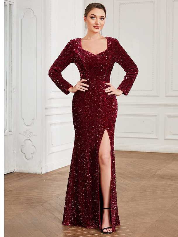 Sequin Long Sleeve Bodycon Front Slit Evening Dress - Ever-Pretty US