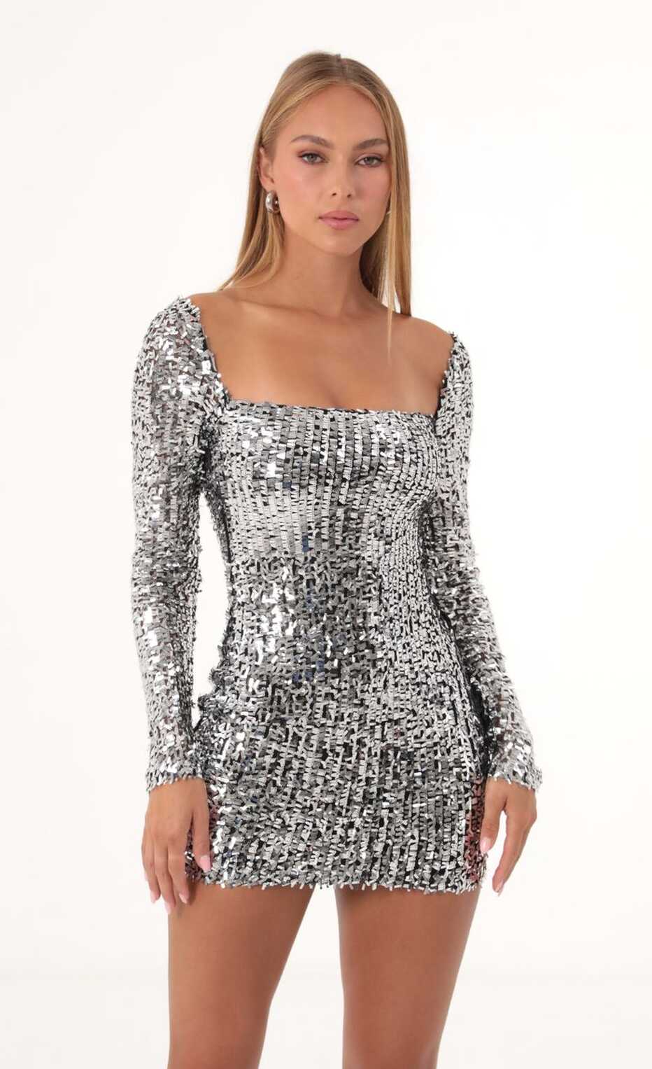 Sequin Mesh Long Sleeve Dress in Silver | LUCY IN THE SKY