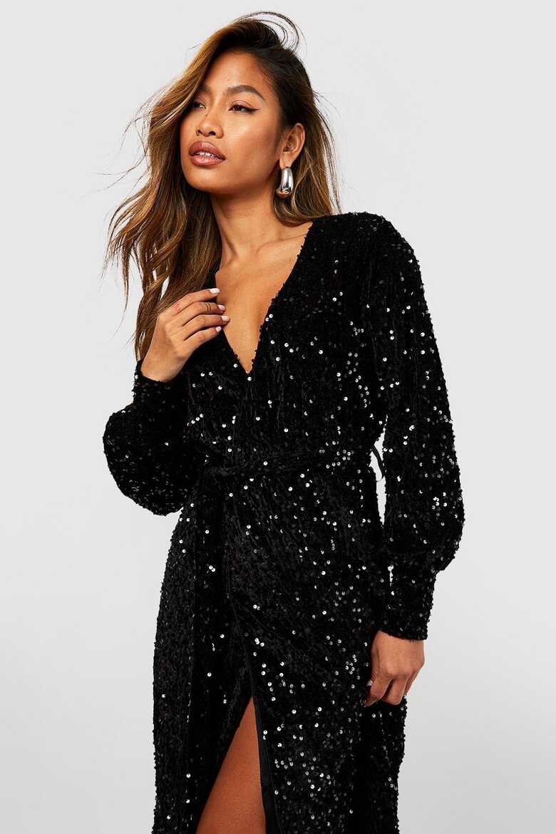 Sequin Wrap Belted Midi Party Dress