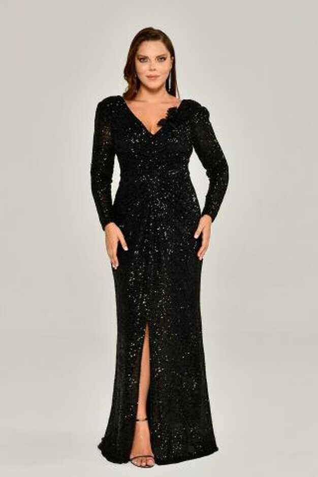 Sequined V NECK LONG SLEEVE DRESS LONG