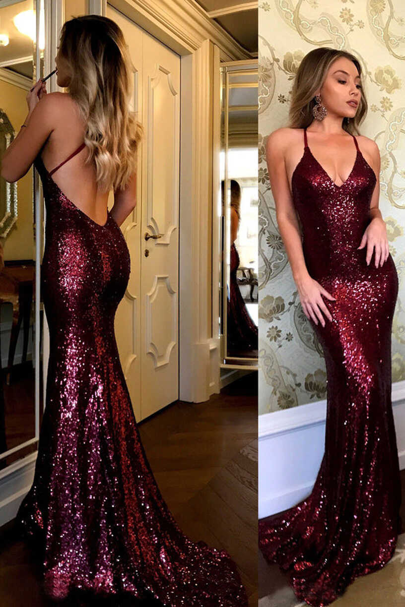 Sequins Spaghetti Straps V-neck Burgundy Mermaid Prom Dresses ...