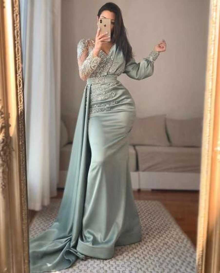 Serene Hill Muslim Green Mermaid V Neck Satin Elegant Beaded With ...