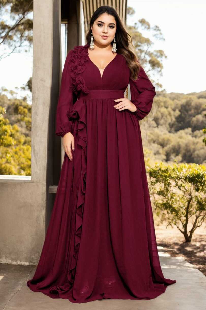 Serenity Plus Size Maroon Red Long Sleeve Formal Gown– Hello Curve