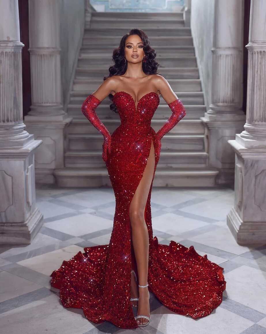 Sexy 2022 Red Sequins Mermaid Prom Party Dresses Sweetheart Split ...