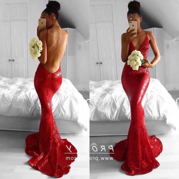 Sexy Backless Plunging V Neck Red Sequin Prom Gown - Promfy