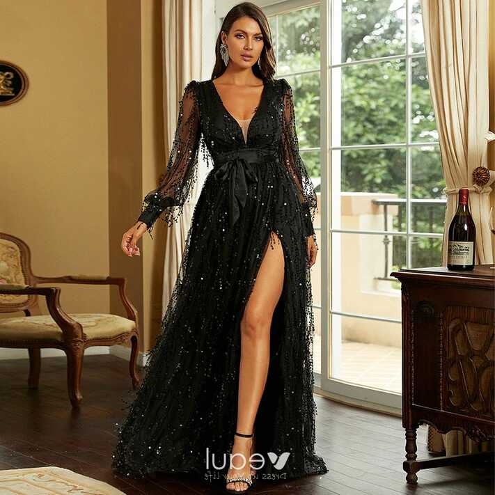 Sexy Black Beading Sequins Split Front Evening Dresses 2022 ...