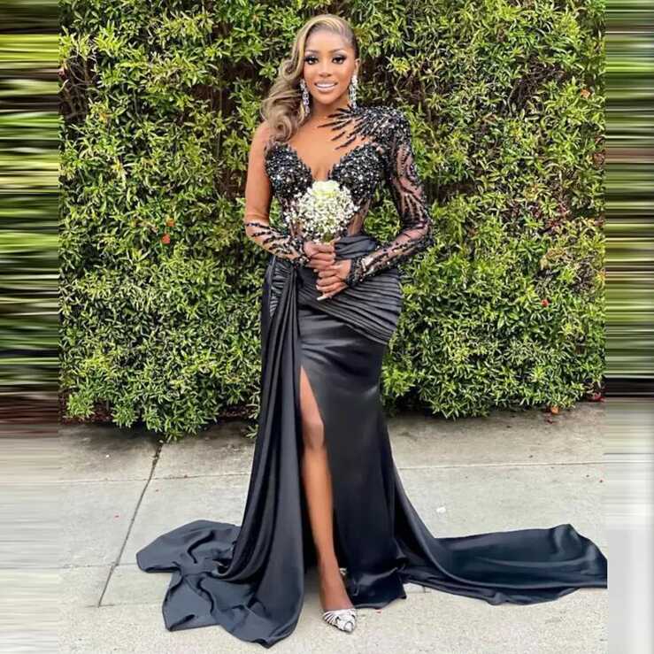 Sexy Black Girls Prom Dress 2023 With Slit Long Sleeve Gorgeous ...