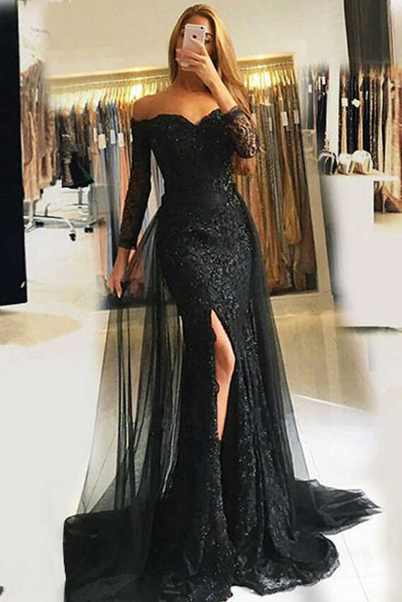 Sexy Black Lace Long Sleeves Mermaid Prom Dress Formal Dresses ...