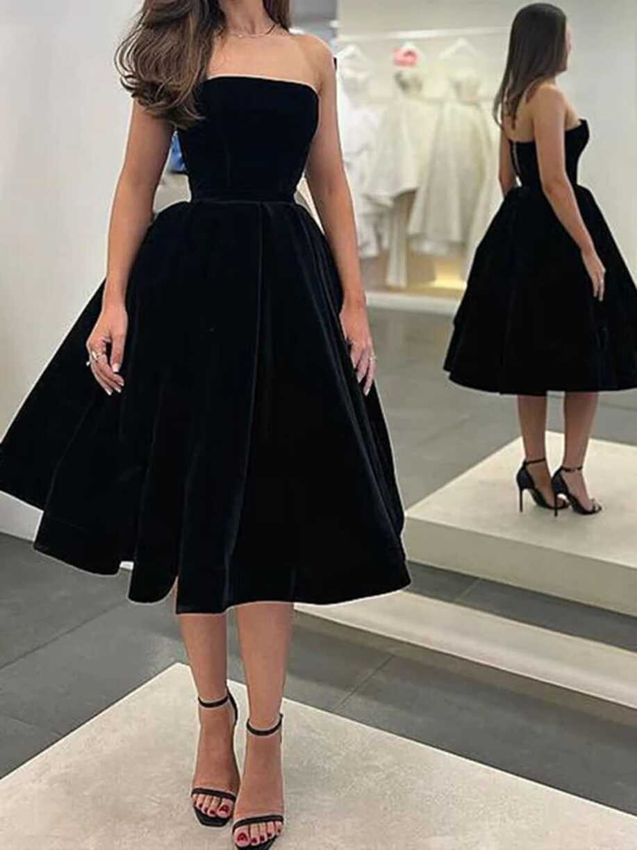 Sexy Black Velvet Wedding Guest Dress Strapless Knee Length Prom ...