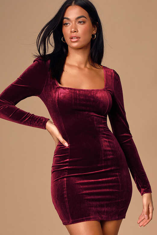 Sexy Burgundy Velvet Dress - Velvet Bodycon - Square Neck Dress ...