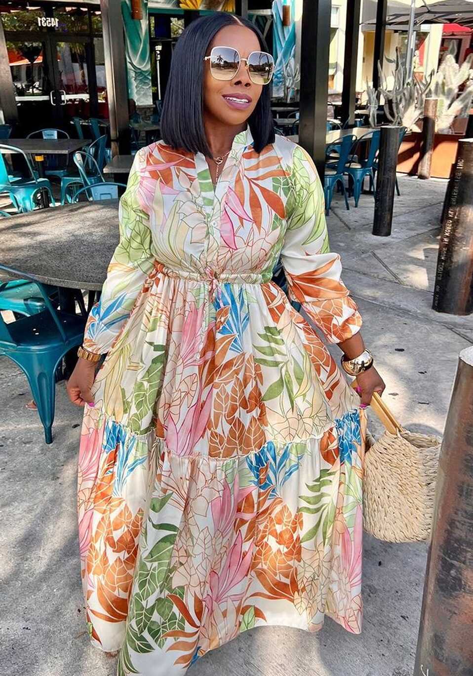 Sexy Button belted Long Sleeve Printed Slim Waist maxi Dress