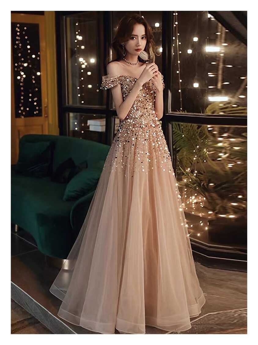 Sexy Champagne Gold Evening Dresses A-Line Off Shoulder Sequins ...