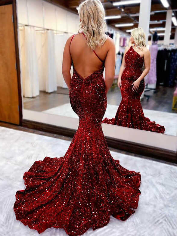 Sexy Dark Red Sparkly Open Back One-shoulder Mermaid Long Prom ...