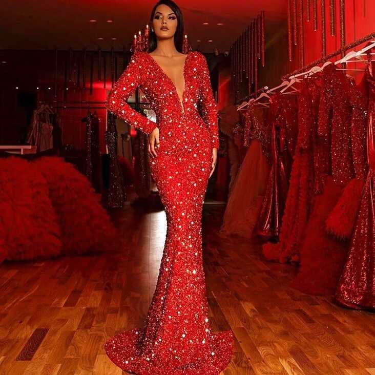 Sexy Deep V Neck Sequin Slim Red Bodycon Dress Night Club ...