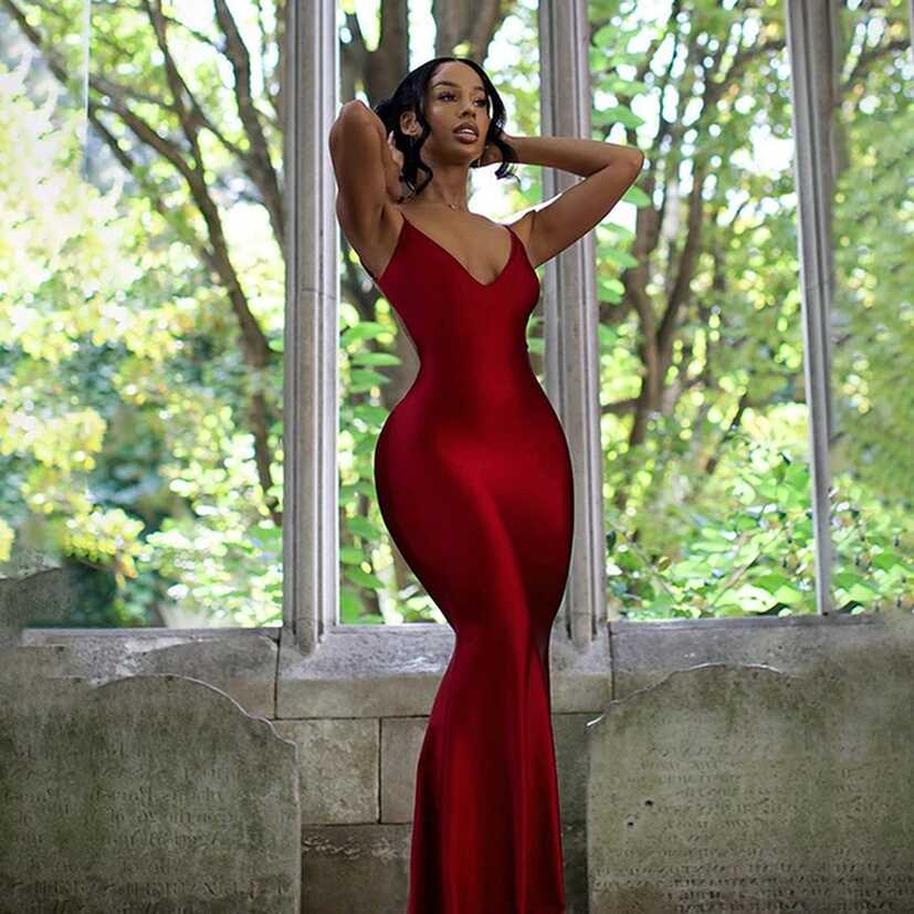 Sexy Elegant 2022 Long Evening Dress Women Red Satin Spaghetti ...