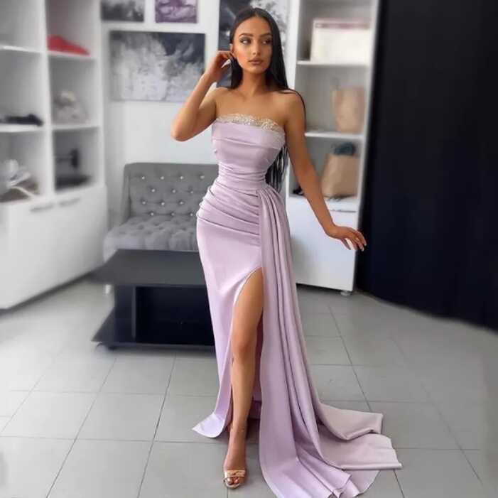 Sexy Evening Dresses Strapless Satin High Split Prom Dress ...