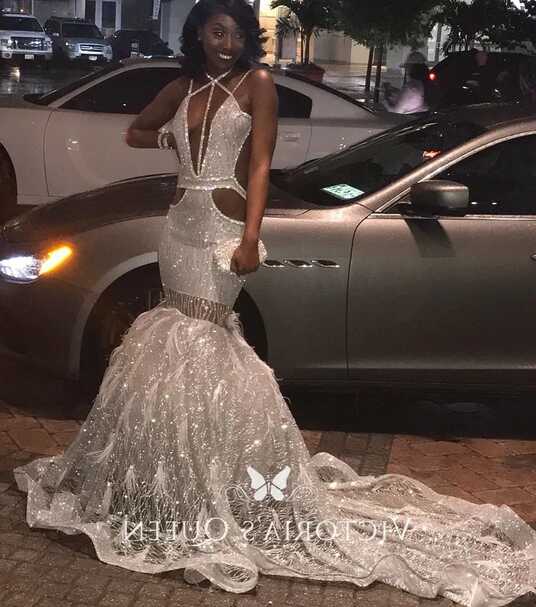 Sexy Glitter White and Silver Cut Out Trumpet Prom Gown - VQ