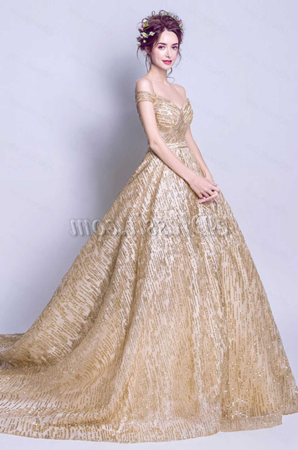 Sexy Gold Sequins Off-Shoulder Party Evening Gown (36206924 ...