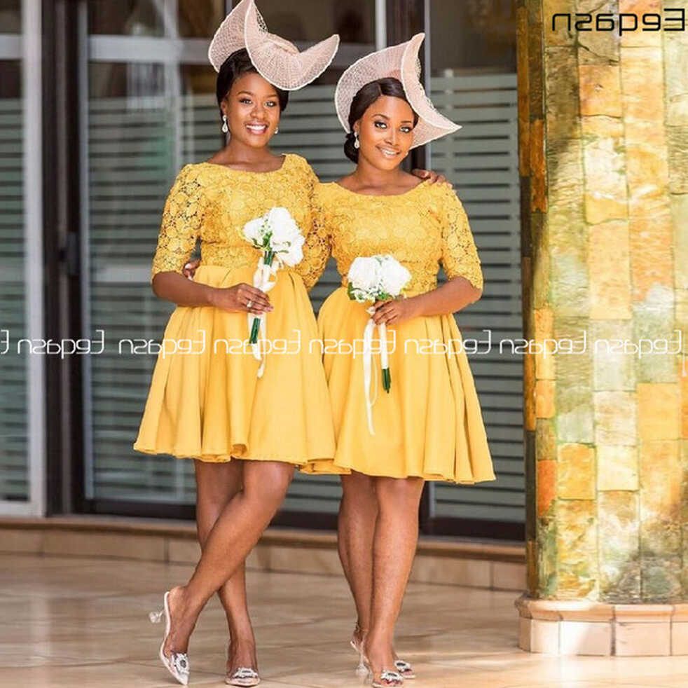 Sexy Lace Short Bridesmaid Dresses With Half Sleeves Yellow A Line ...