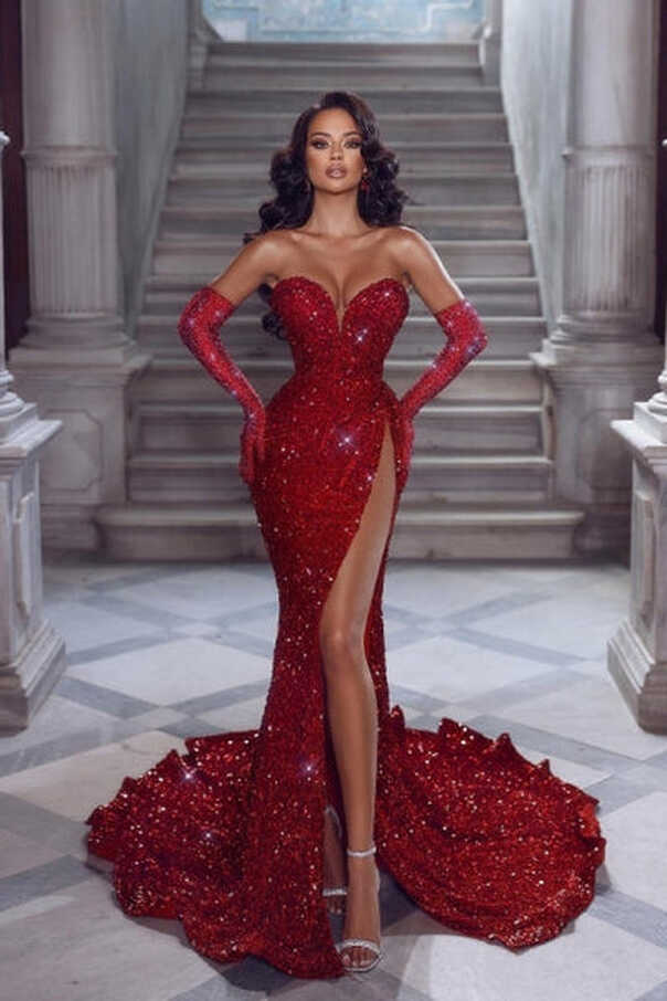 Sexy Long Red Glitter V-neck Sleeveless Sequined Mermaid Evening ...