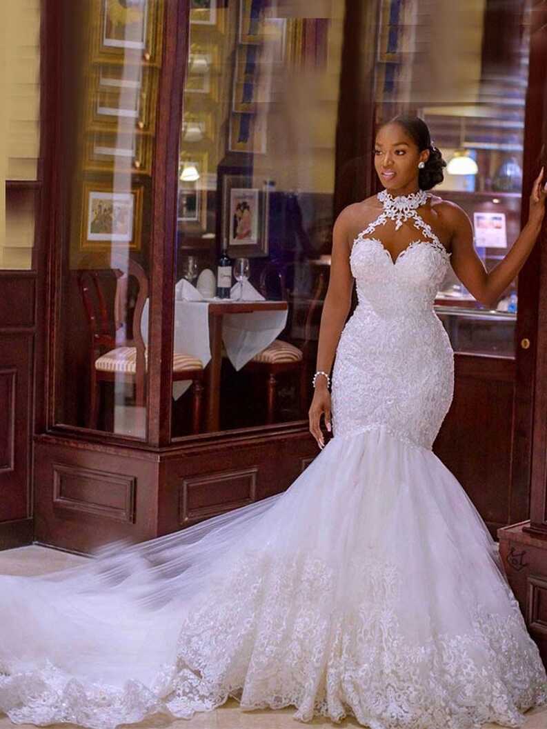 Sexy Luxury Halter Lace Sweetheart Mermaid With Long Train Wedding ...