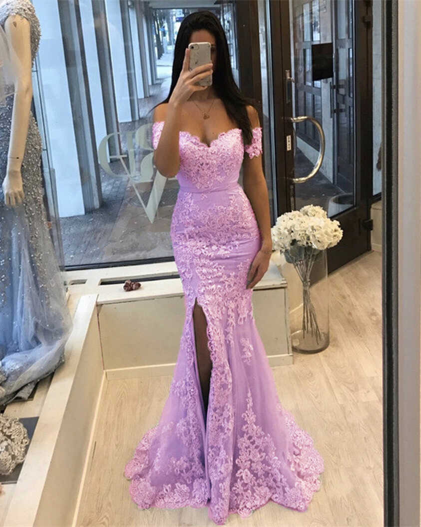 Sexy Mermaid Slit Dress Lace Off The Shoulder Prom Gowns – alinanova