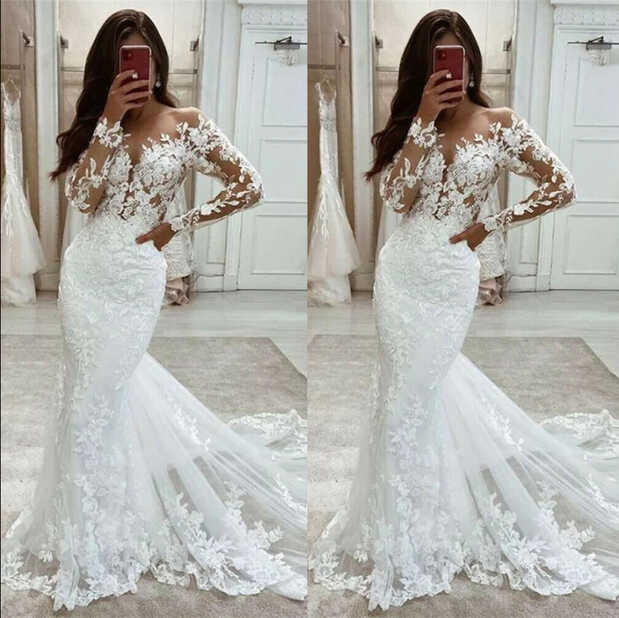 Sexy Mermaid Wedding Dresses Long Train Tulle Lace Appliques ...