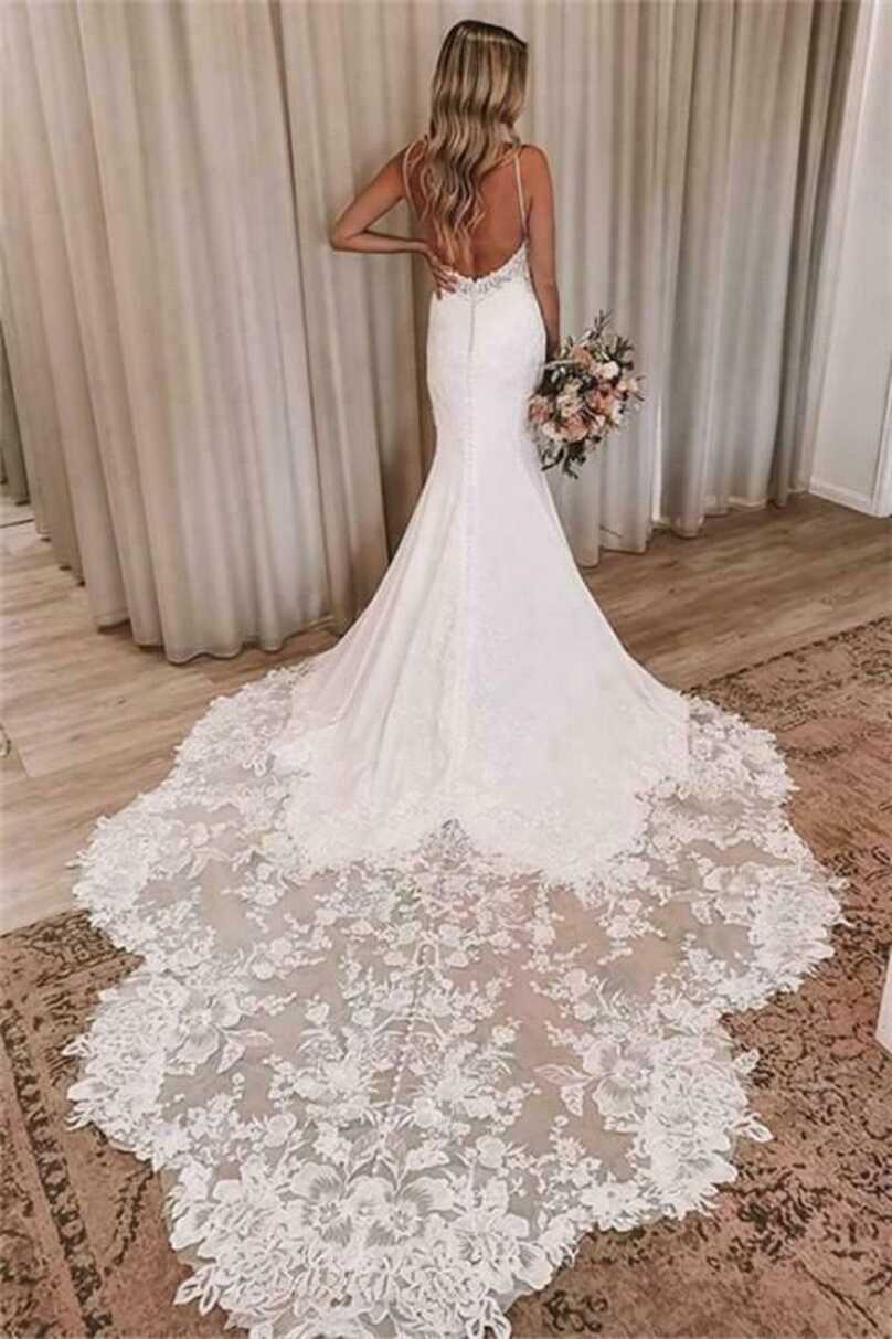 Sexy Mermaid Wedding Dresses Spaghetti Strap Beach Long Train V ...