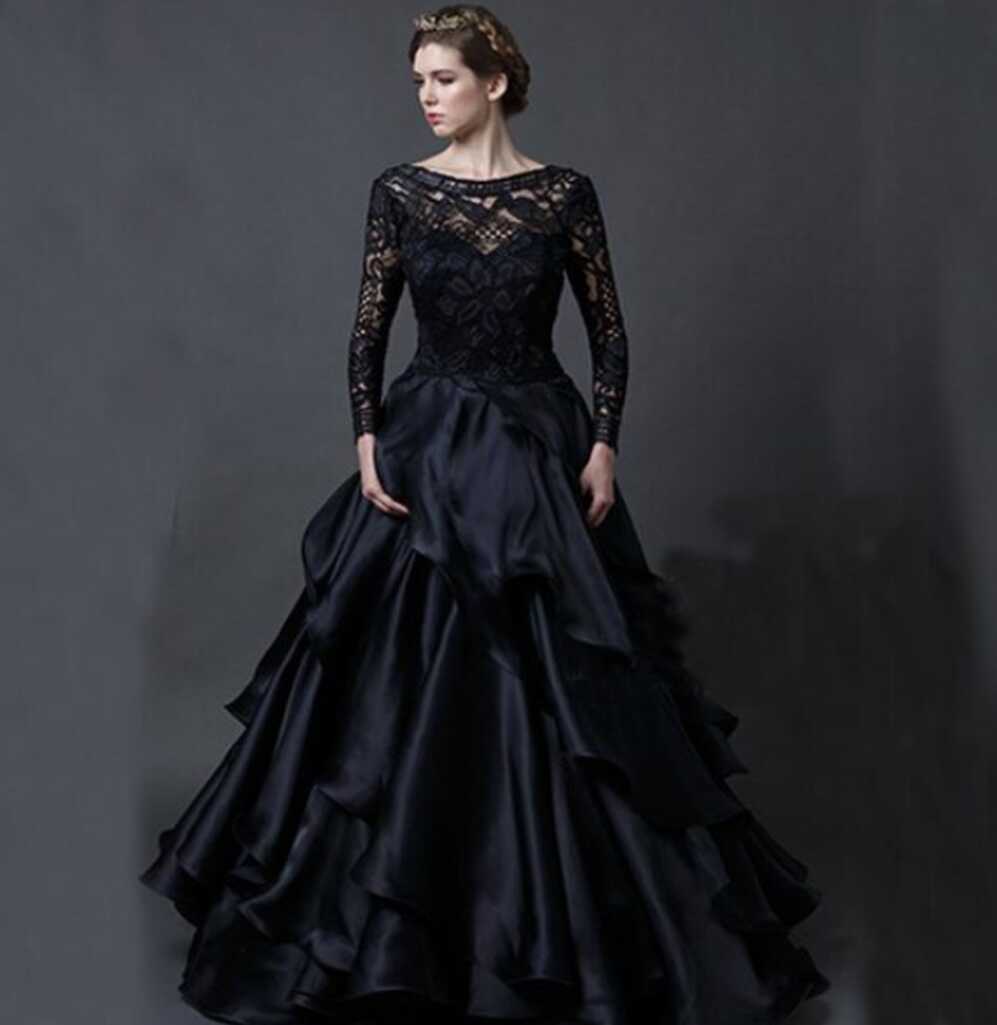 Sexy Modern Simple Vintage Black Wedding Dress With Long Sleeves ...