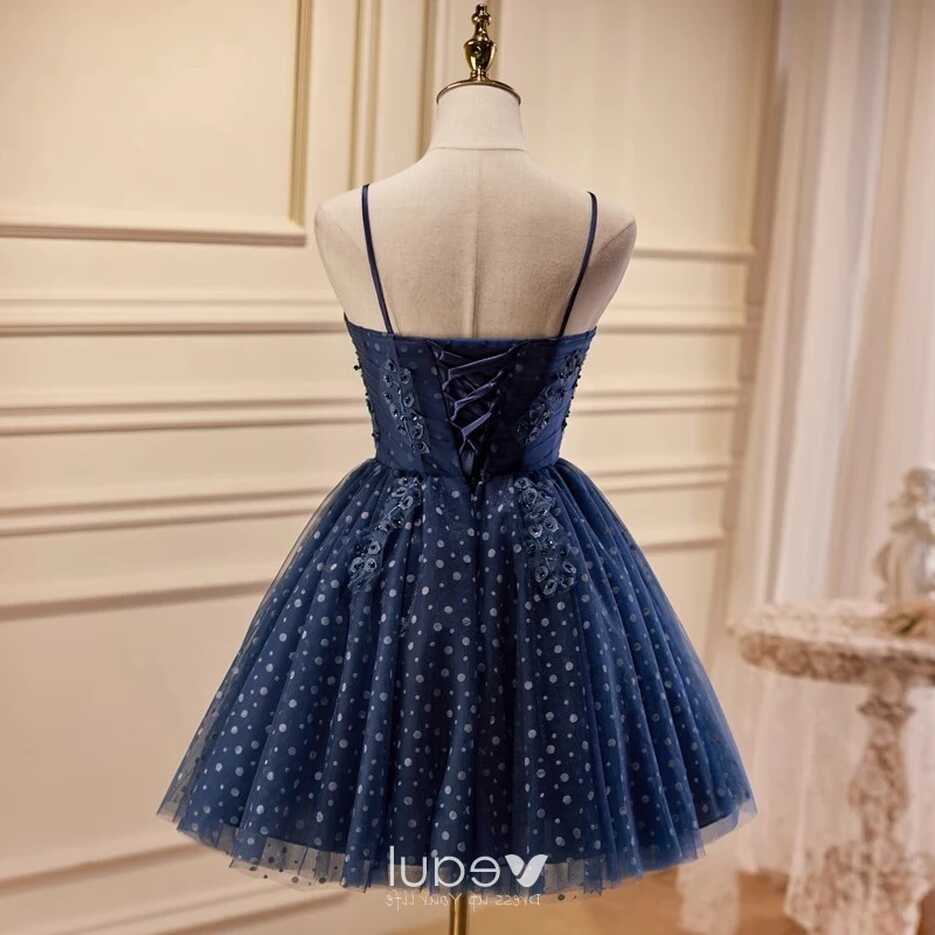 Sexy Navy Blue Beading Spotted Short Party Dresses 2023 Spaghetti ...