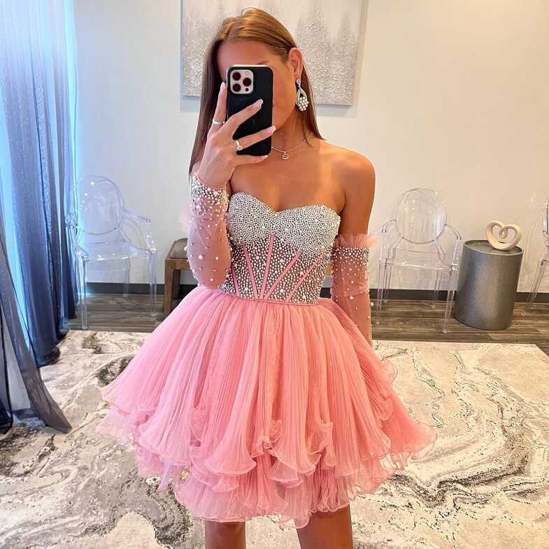 Sexy Pink Cocktail Dress Sweetheart Beads Pearls Short Prom ...