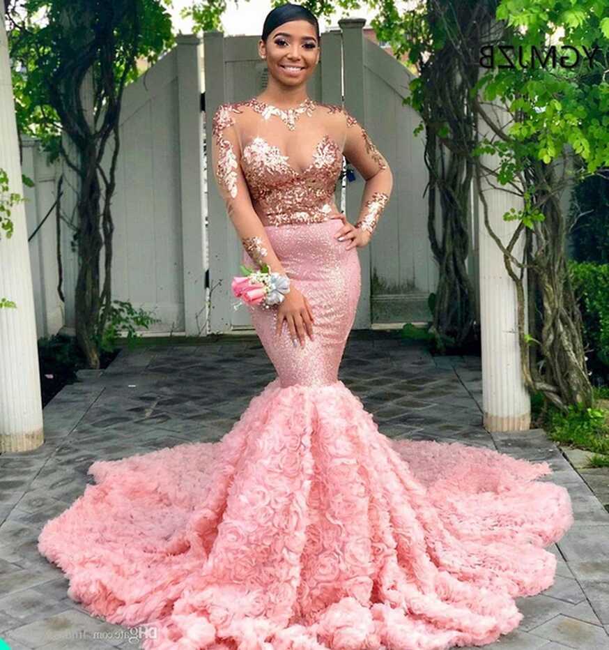 Sexy Pink Prom Dresses Mermaid African Evening Gowns Sheer ...