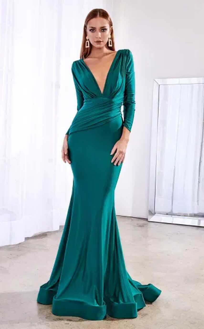 Sexy Plunging V Neckline Long Sleeve Evening Dinner Formal Dress ...