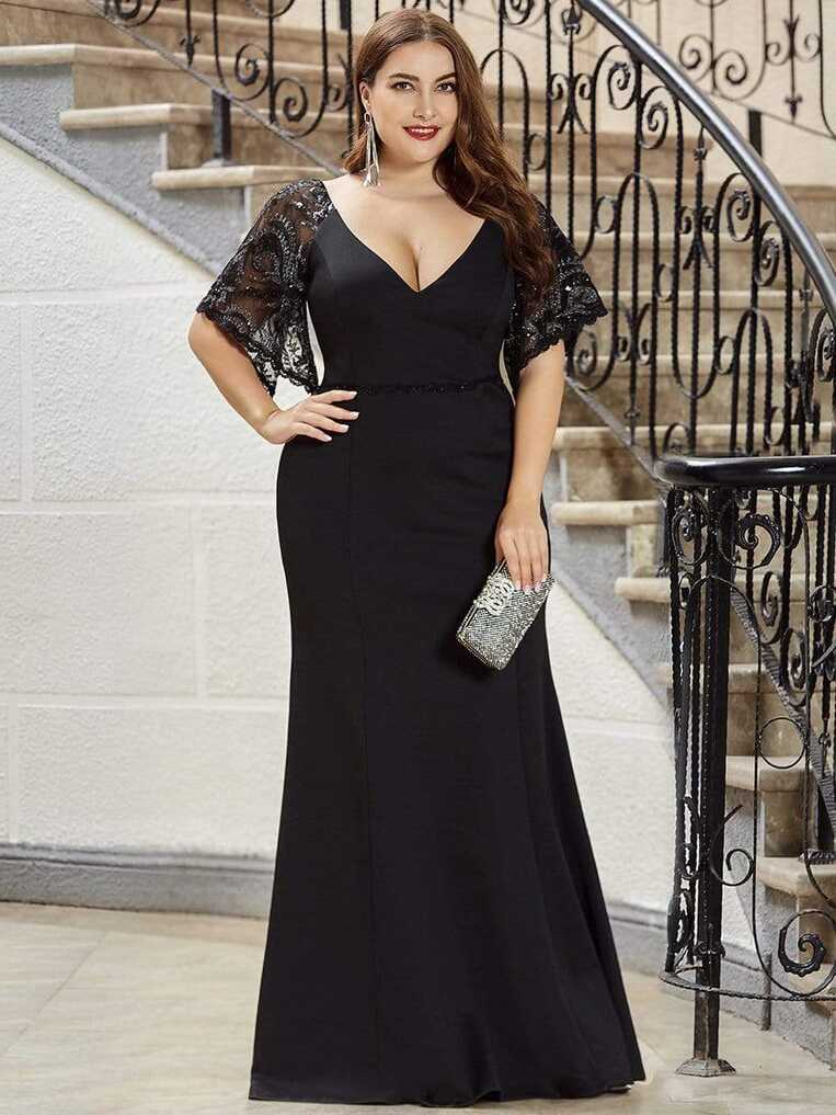 Sexy Plus Size Evening Dresses | Mermaid V neck with Lace Sleeves