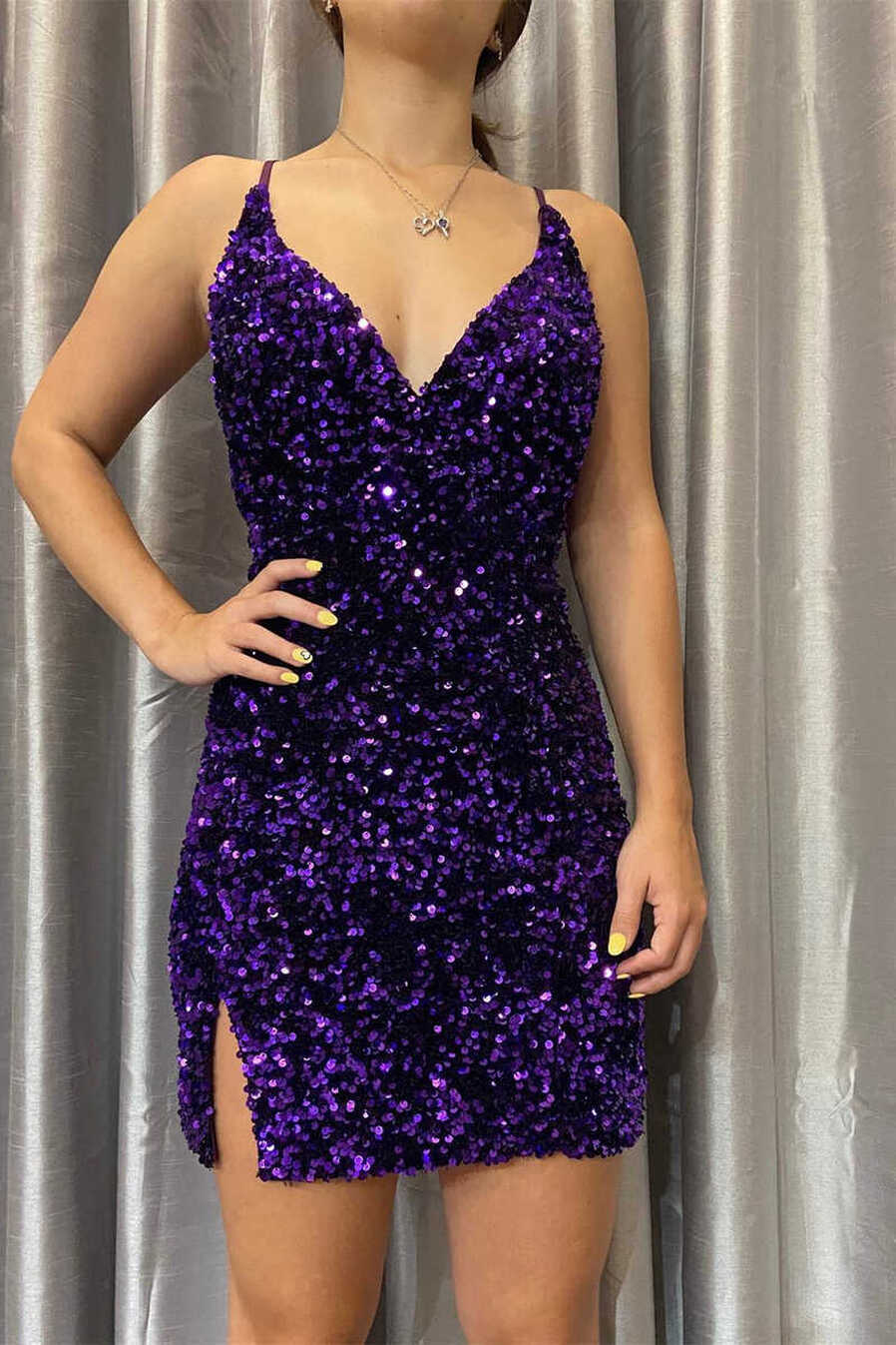 Sexy Purple Sequin V-Neck Short Bodycon Homecoming Dress – jkprom