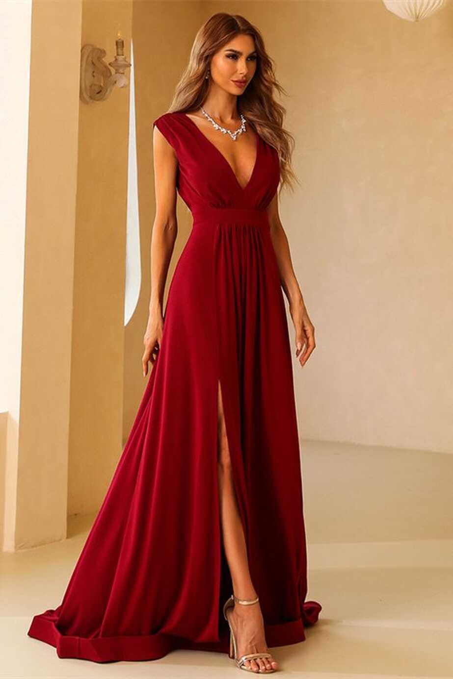 Sexy Red A-line Deep V Neck Long Party Dress – Dreamdressy