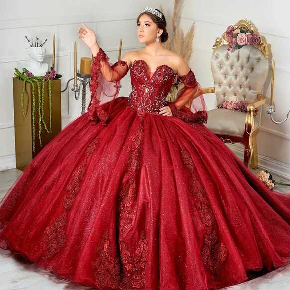 Sexy Red Ball Gown Quinceanera Dresses Long Sleeve Applique Lace ...