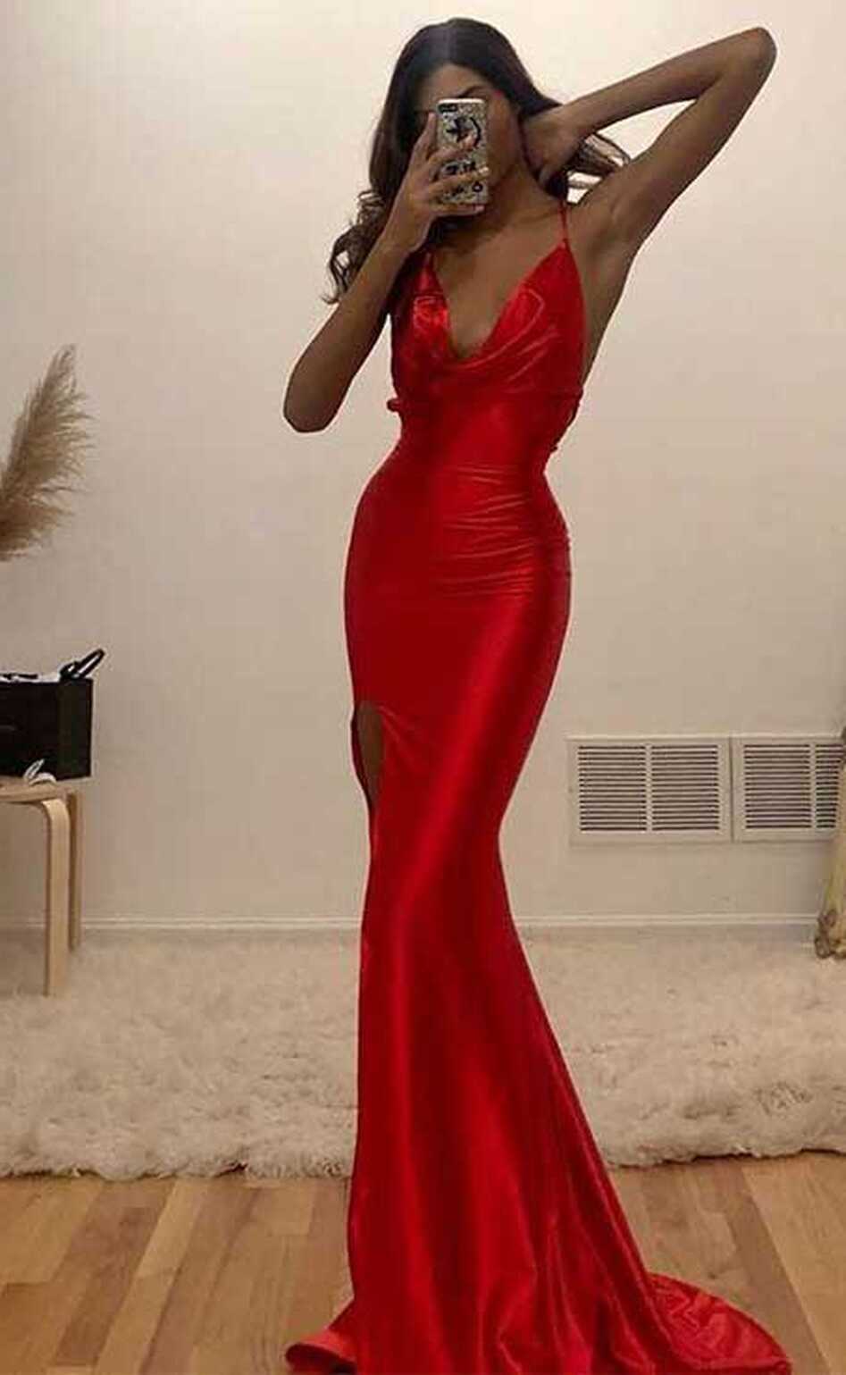 Sexy Red Mermaid V neck Prom Dresses, Long Tight Evening Dress ...