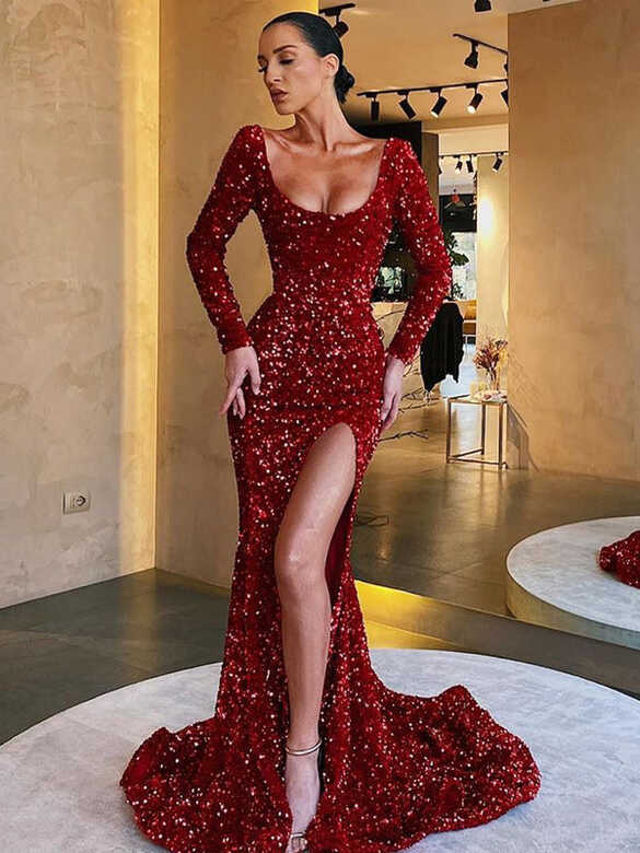 Sexy Red Sequins Beads Long Sleeves Mermaid Split Long Prom ...