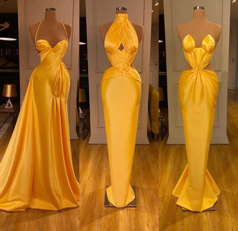 Sexy Satin Yellow Evening Gown With Pleats Perfect For Celebrity ...