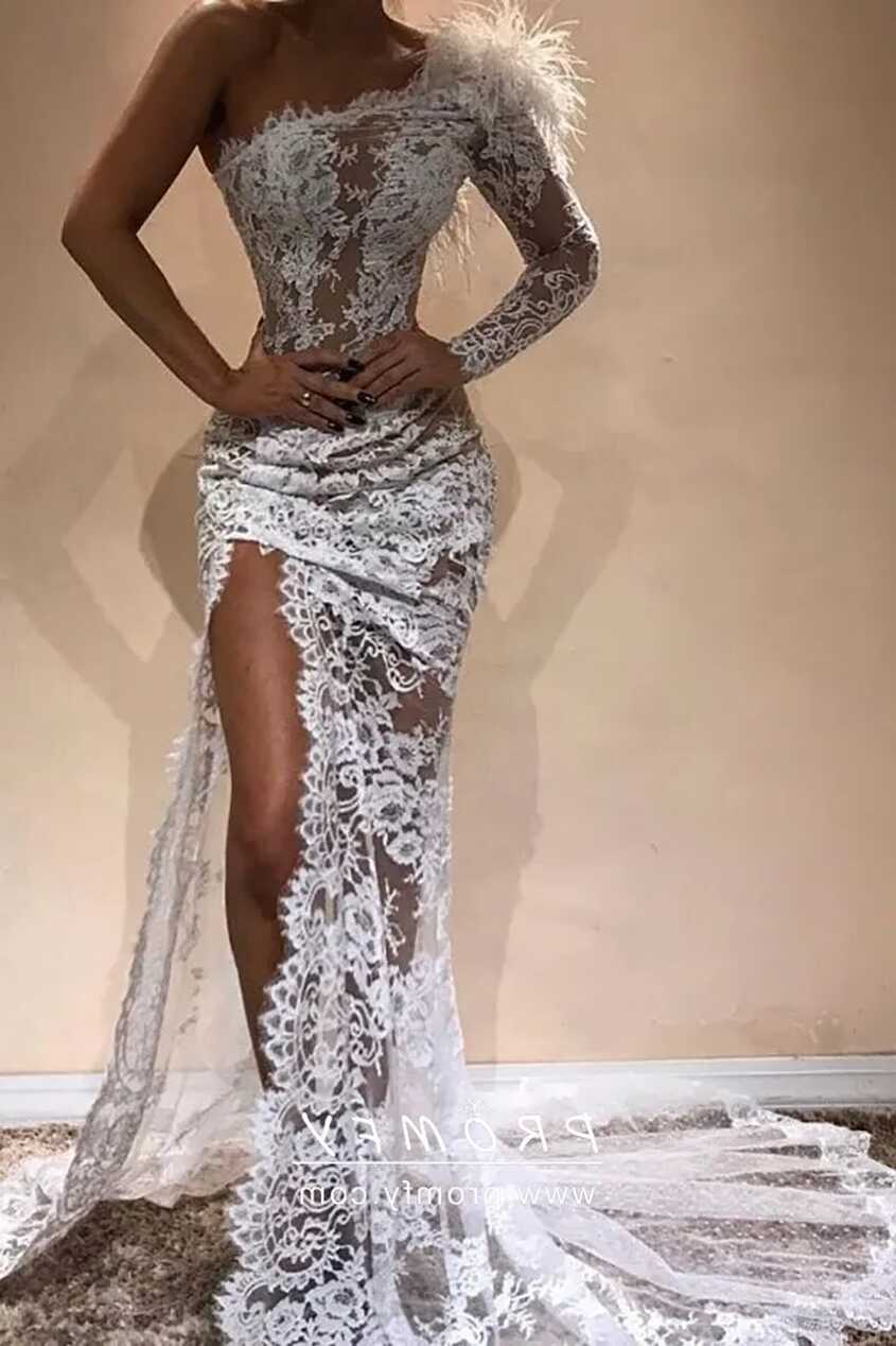 Sexy Sheer White Lace Feather One Sleeve Prom Dress - Promfy