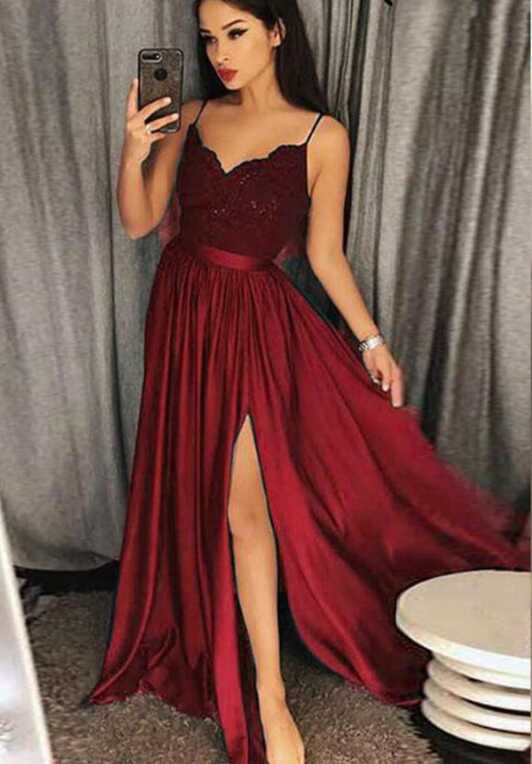 Sexy Slit Prom Dresses 2020 Spaghetti Straps Long Party Gown ...