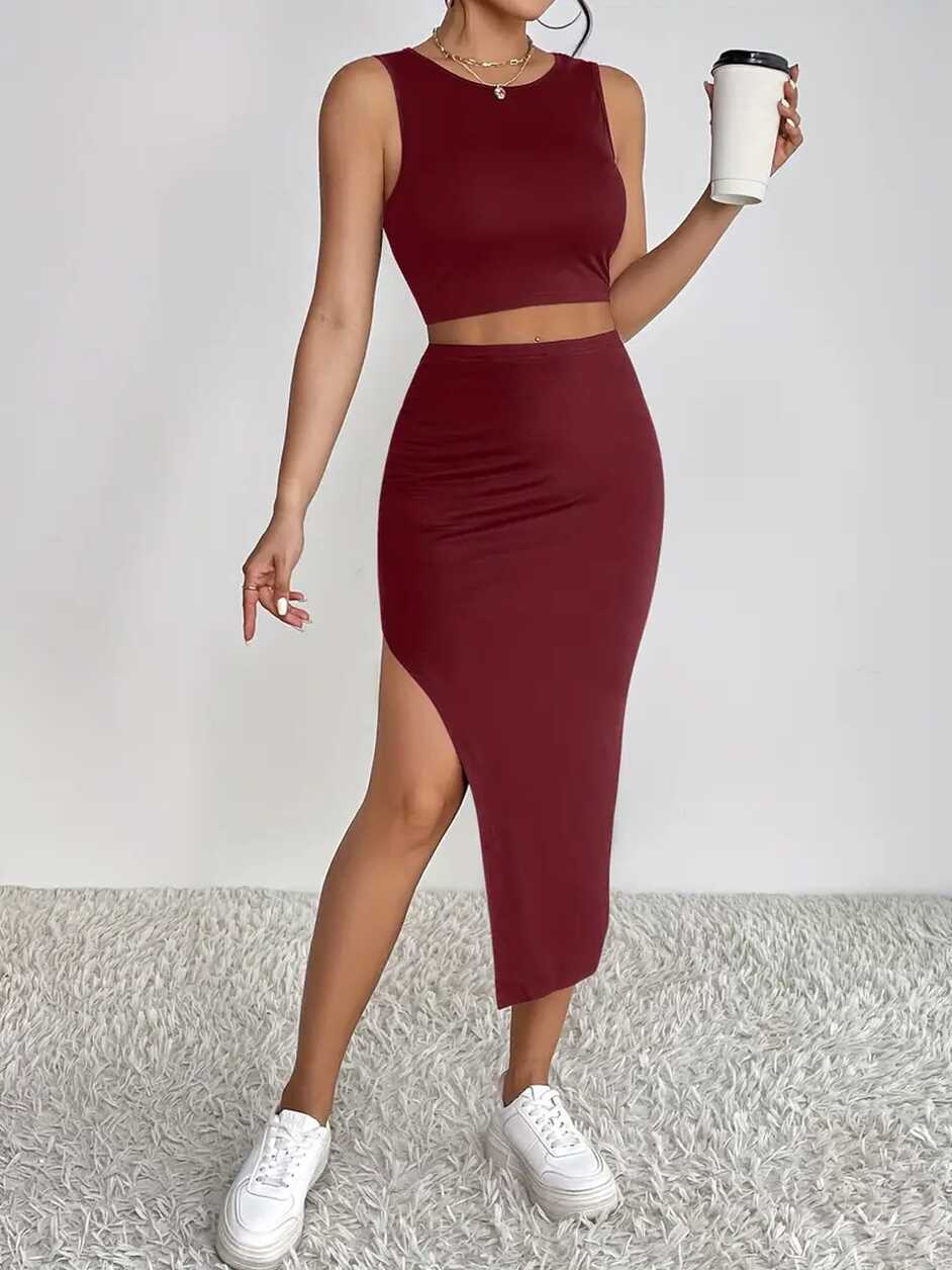 Sexy Solid Slim Two piece Skirt Set Crop Tank Top High Waist ...